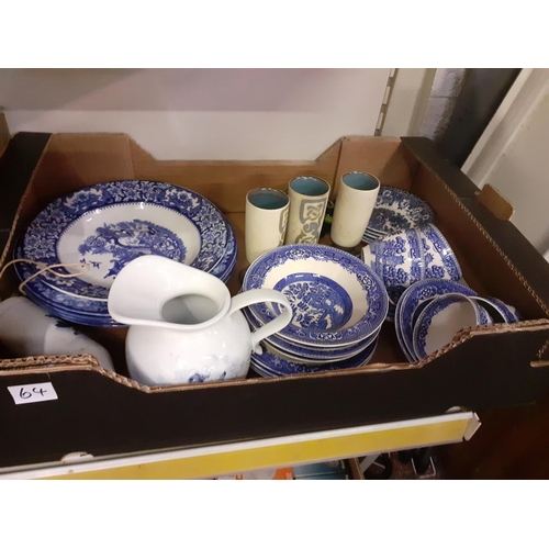 64 - Box to Including Blue and White Willow Pattern China, Jugs, Vases etc.