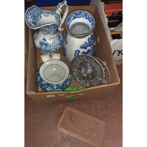 67 - Box to Include Large Blue and White Jugs, Royal Worcester Plates etc.