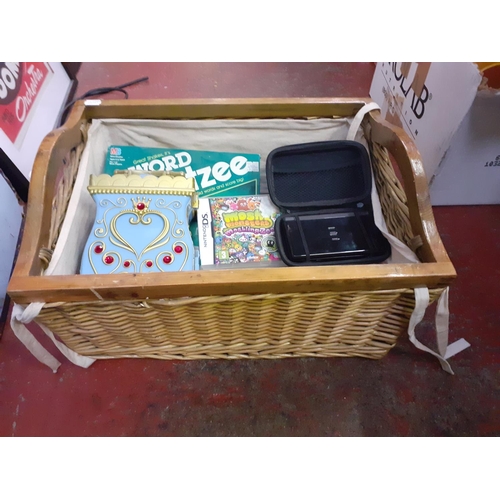 69 - Wicker Basket, Nintendo DS & Games and Yahtzee.