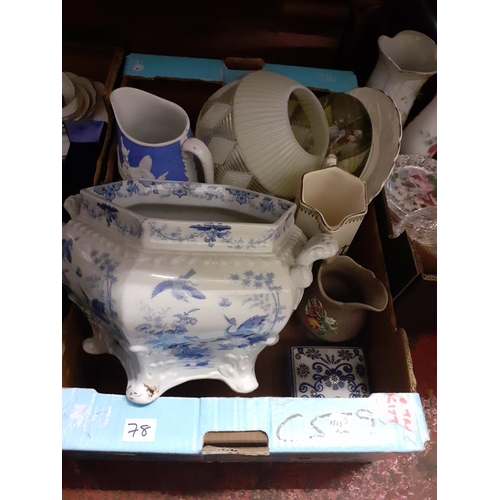 78 - Box to Include Retro Glass Light Shade, Jugs, Blue & White China etc.