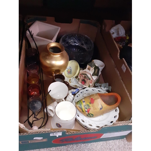 96 - Box to Include Cut Glass Bowl, China, Figures, Shot Glass Gondola Set etc.