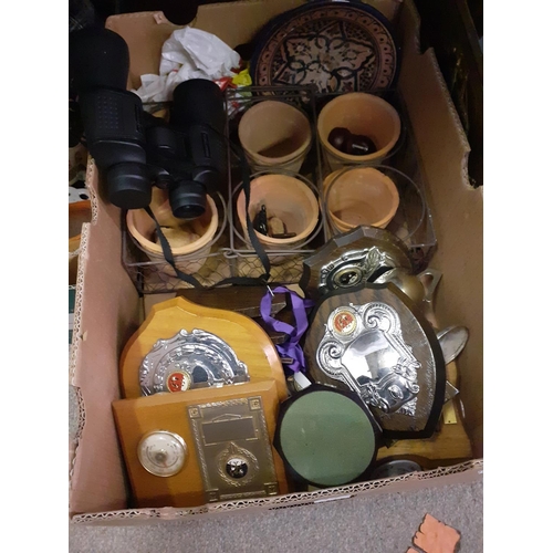 97 - Box of Trophies, Terracotta Plant Pots, Pair of Praktica Binoculars etc.