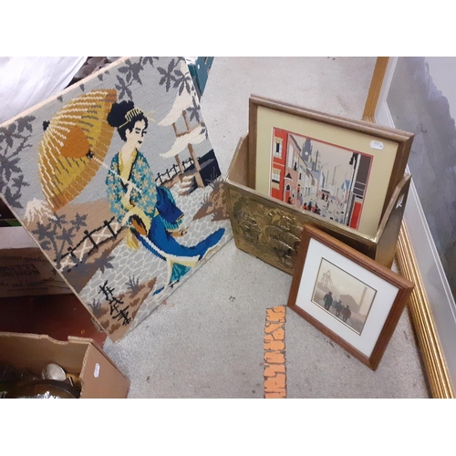 98 - Brass Magazine Rack and 3 Tapestry Pictures (one after Lowry Print).