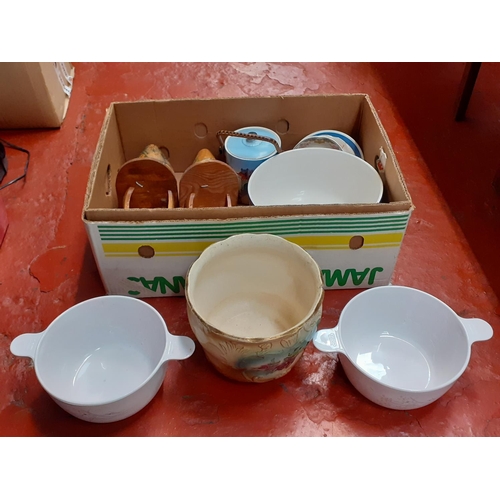 121 - Box of China, Wooden Clogs, Jardinière etc.