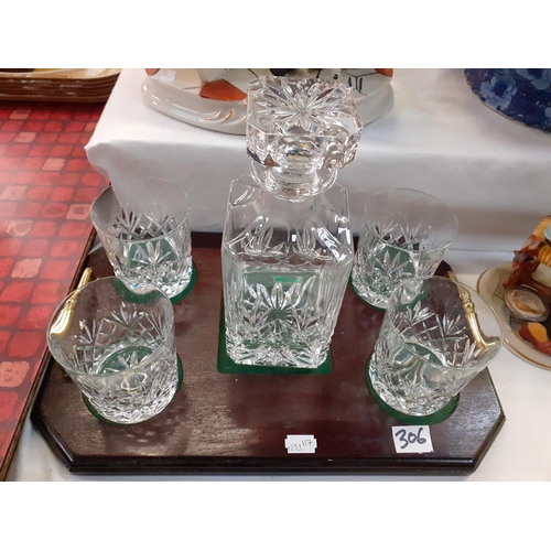 306 - Galway Irish Crystal Decanter with 4 Matching Glasses on Mahogany Tray with Brass Handles.