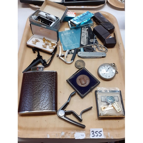 355 - Tray to Include Pocket Watch, Pen Knives, Pin Badges, Hip Flask, Cufflinks etc.