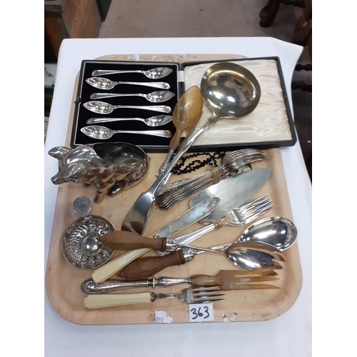 363 - A Tray of Plated Cutlery, Boxed Spoons, Plated Pig etc.