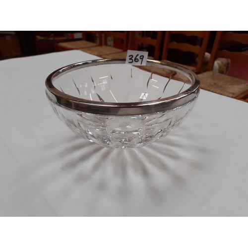 369 - Cut Glass 17cm Diameter Bowl with Stamped 925 Silver Rim.