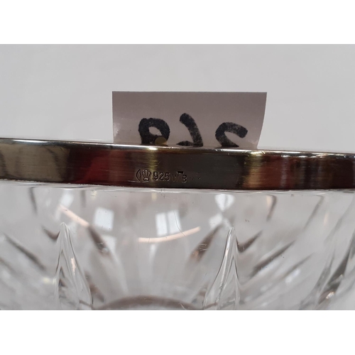 369 - Cut Glass 17cm Diameter Bowl with Stamped 925 Silver Rim.