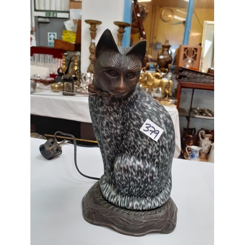 379 - Sitting Mottled Grey Cat Table Lamp.