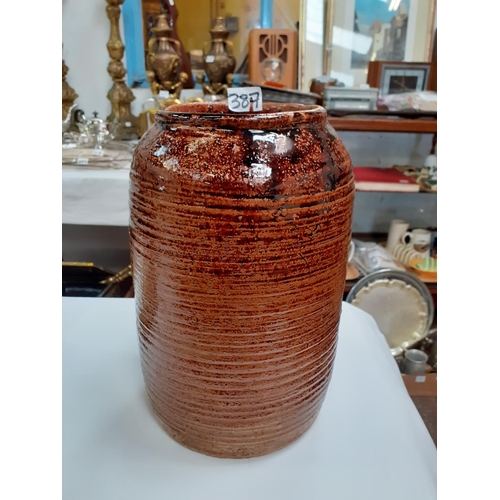 387 - Large Brown Ridged Earthenware Jar - approx 11