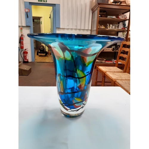 399 - Blue, Heavy Glass Vase with Floral Pattern - Approximately 10