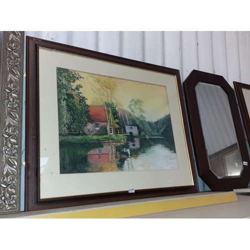 459 - Mahogany Framed Cottage by Lake Scene Watercolour.