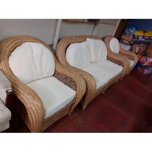 471 - Solid Wicker Three Piece Conservatory Suite with Drawers Under Each Seat and Cream Cushions.