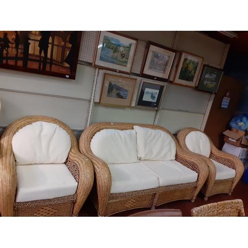 471 - Solid Wicker Three Piece Conservatory Suite with Drawers Under Each Seat and Cream Cushions.