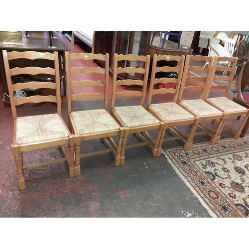 474 - Set of Six Solid Pine, Ladder Back, Corded Seat Dining Chairs.