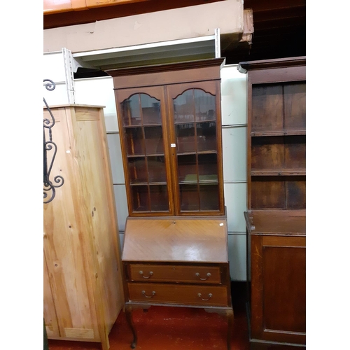 477 - Inlaid Mahogany, Glazed Top Bureau Bookcase with Drop Front over Two Drawers.