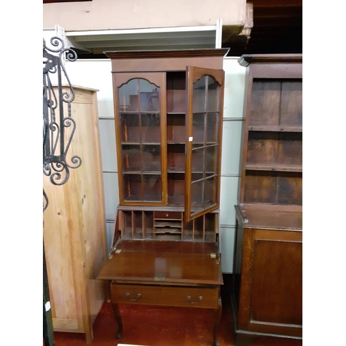 477 - Inlaid Mahogany, Glazed Top Bureau Bookcase with Drop Front over Two Drawers.