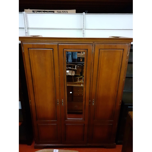 481 - Mahogany Triple Wardrobe with Mirrored Central Door, Double Hanging Rail & Shelves.