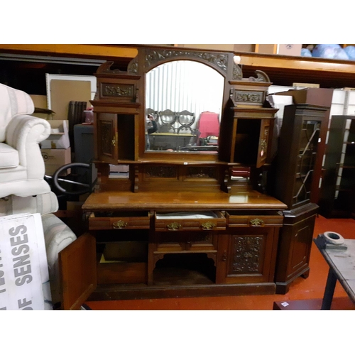 520 - Large Solid Mahogany, Carved Front, Mirror Back Sideboard with Multiple Cupboards & Three Drawers - ... 