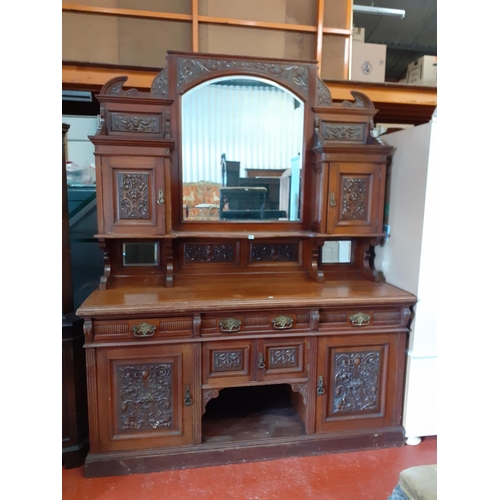 520 - Large Solid Mahogany, Carved Front, Mirror Back Sideboard with Multiple Cupboards & Three Drawers - ... 