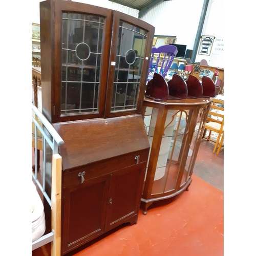 551 - Oak Glazed Top Bureau Bookcase with Drop Front Over Single Drawer and Double Cupboard.