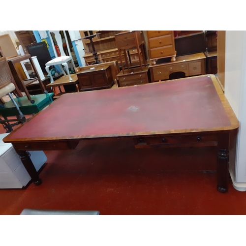 562 - Large Vintage Mahogany Partners Desk with Red Leather Inlaid Top and Three Drawers Either Side.