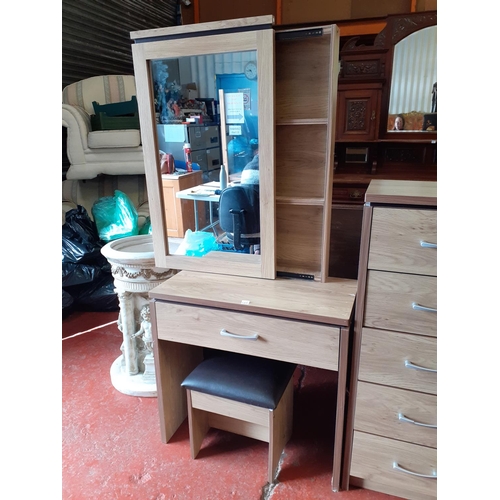 566 - Oak Effect Modern Single Drawer Dressing Table with Stool & Sliding Mirror to Top to Reveal Jeweller... 