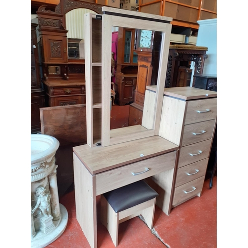 566 - Oak Effect Modern Single Drawer Dressing Table with Stool & Sliding Mirror to Top to Reveal Jeweller... 