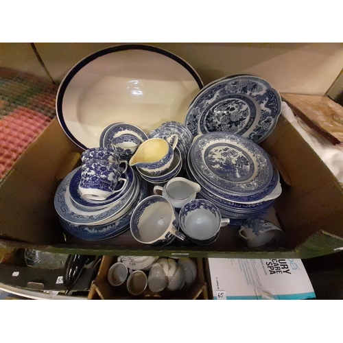 61 - Box of Blue and White China Including Willow Pattern.