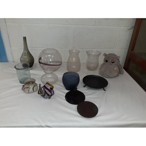 128 - Box of Large Glass Vases & Bowls along with a Hippo Door Stop.