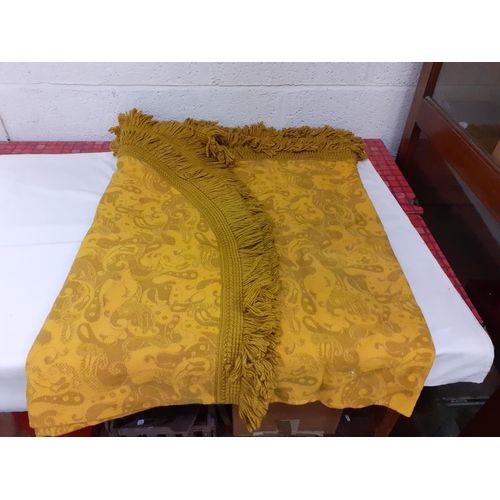 146 - Mustard Yellow Patterned Fringe Bedspread - Some Staining.