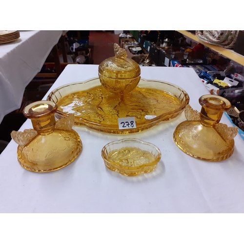 278 - Four Piece Amber Glass Dressing Table Set on Matching Tray.