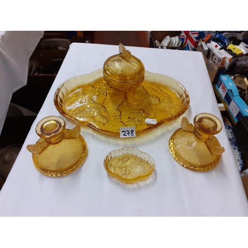 278 - Four Piece Amber Glass Dressing Table Set on Matching Tray.