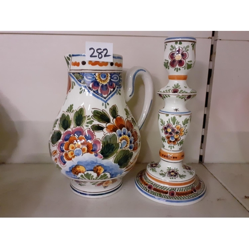 282 - Delft Pottery Colourful Jug and Candlestick.