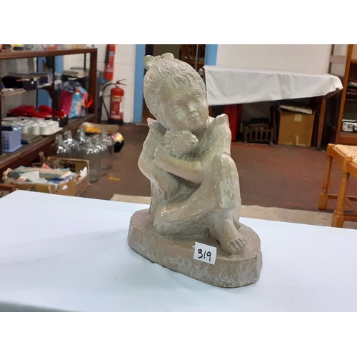 319 - Signed, Carved Soapstone Figure of Girl Cwtching Lamb on Plinth.