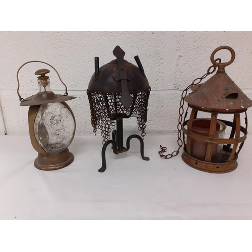 357 - Two Vintage Lanterns, Chain-mail Helmet Candle Holder, Brass Footed Bowl & Glass Fishermans Ball.