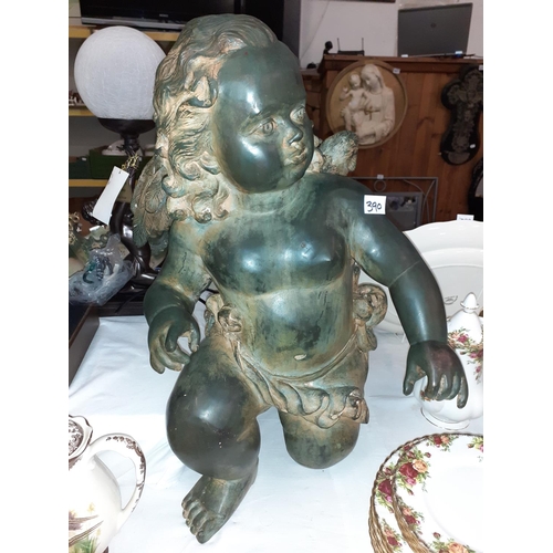 390 - Large Heavy Cast Bronze Kneeling Cherub Figure approx 2ft tall - wing has possibly been restored.