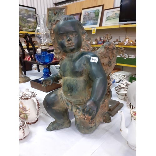 390 - Large Heavy Cast Bronze Kneeling Cherub Figure approx 2ft tall - wing has possibly been restored.