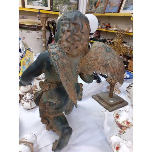 390 - Large Heavy Cast Bronze Kneeling Cherub Figure approx 2ft tall - wing has possibly been restored.