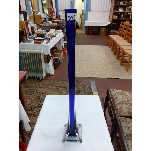 393 - Tall Blue Glass Tapered Vase - approx 2ft tall with a 5