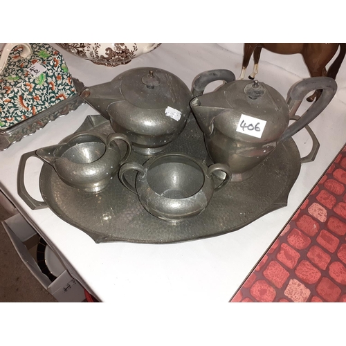 406 - Vintage Hammered English Pewter 4 Piece Tea Service on Matching Double Handled Tray.