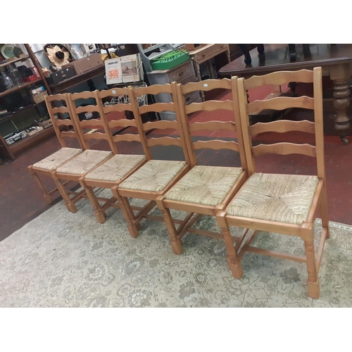 490 - Set of Six Solid Pine, Corded Seat Dining Chairs.