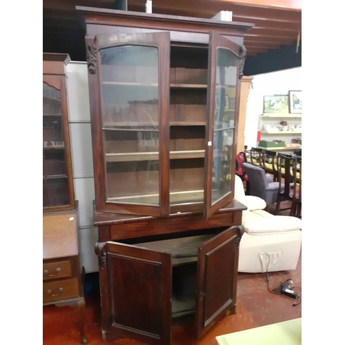 492 - Tall Mahogany Glazed Top Bookcase with Double Cupboard and Secret Drawer.