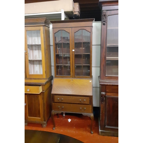 493 - Inlaid Mahogany, Glazed Top Bureau Bookcase with Drop Front over Two Drawers.