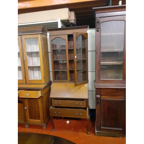 493 - Inlaid Mahogany, Glazed Top Bureau Bookcase with Drop Front over Two Drawers.