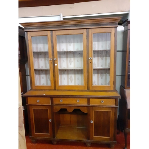 494 - Large Oak Triple Glazed Top Dog Kennel Dresser with Three Drawers and Two Cupboards.