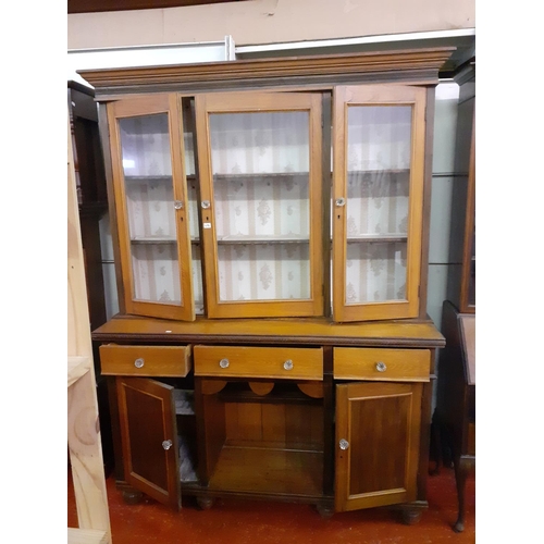 494 - Large Oak Triple Glazed Top Dog Kennel Dresser with Three Drawers and Two Cupboards.