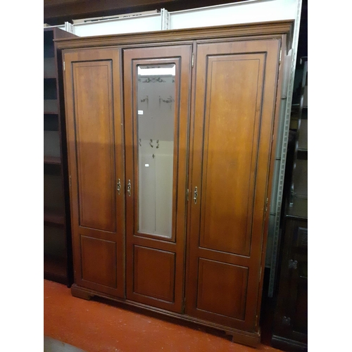 497 - Mahogany Triple Wardrobe with Mirrored Central Door, Double Hanging Rail & Shelves.