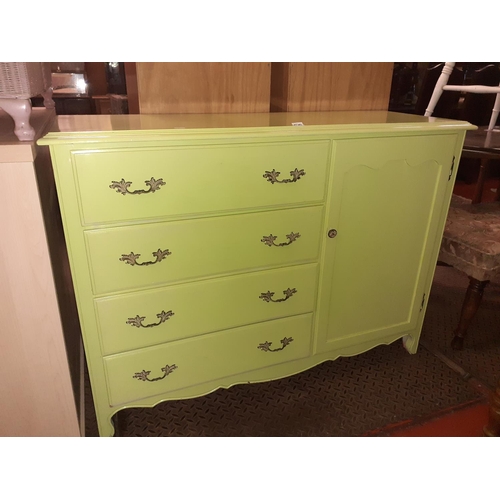 510 - Painted Light Green Four Drawer Chest of Drawers with Side Cupboard Housing Hanging Rail.